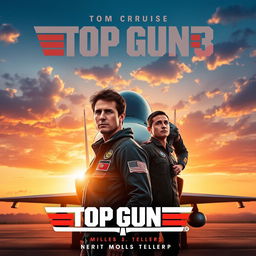 An electrifying movie poster for 'Top Gun 3 (2025)', showcasing Tom Cruise and Miles Teller in their iconic flight suits, standing in front of a sleek fighter jet on a military airbase