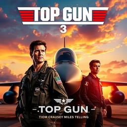 An electrifying movie poster for 'Top Gun 3 (2025)', showcasing Tom Cruise and Miles Teller in their iconic flight suits, standing in front of a sleek fighter jet on a military airbase