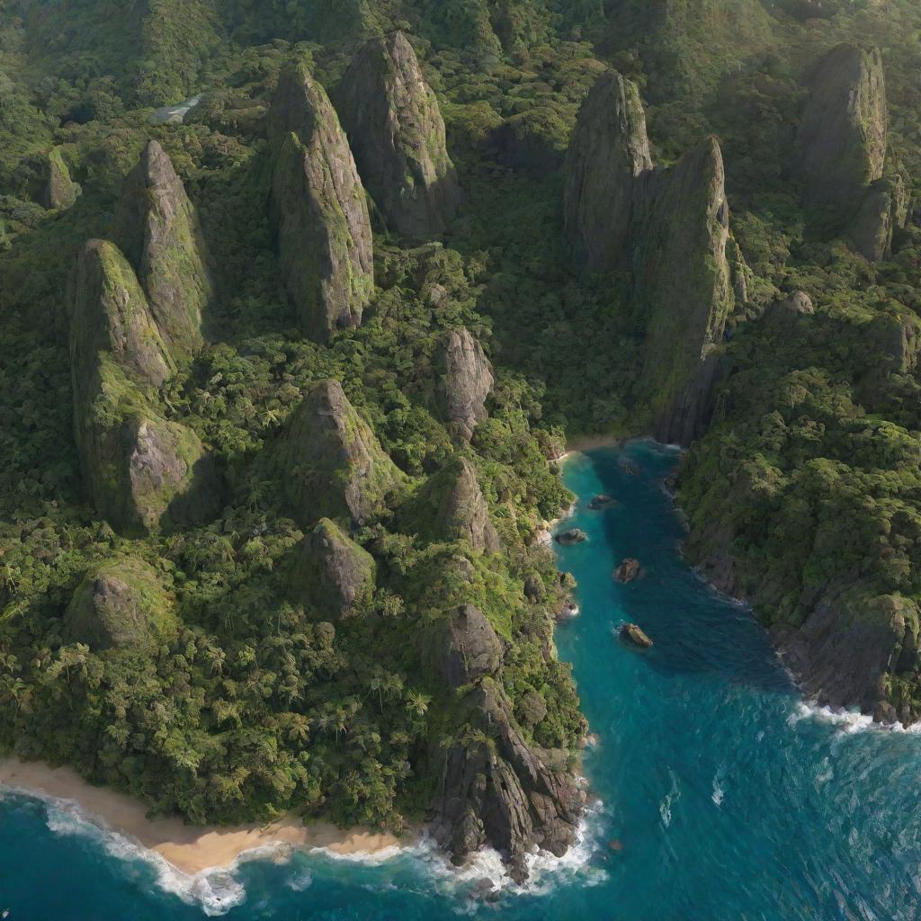 Create an aerial view of Isla Nublar, the iconic island from Jurassic Park, featuring lush jungles, towering waterfalls, and dinosaur habitats.