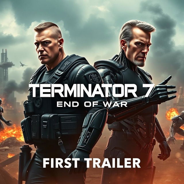 A thrilling movie poster for 'Terminator 7: END OF WAR (2025)', featuring John Cena and Arnold Schwarzenegger in prominent roles