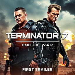 A thrilling movie poster for 'Terminator 7: END OF WAR (2025)', featuring John Cena and Arnold Schwarzenegger in prominent roles