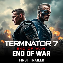 A thrilling movie poster for 'Terminator 7: END OF WAR (2025)', featuring John Cena and Arnold Schwarzenegger in prominent roles