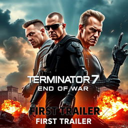 A thrilling movie poster for 'Terminator 7: END OF WAR (2025)', featuring John Cena and Arnold Schwarzenegger in prominent roles