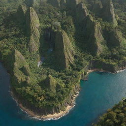 Create an aerial view of Isla Nublar, the iconic island from Jurassic Park, featuring lush jungles, towering waterfalls, and dinosaur habitats.