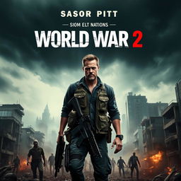 A gripping teaser poster for 'World War Z 2', featuring Brad Pitt in a gritty, survivalist outfit, standing amidst a chaotic urban landscape overrun by zombies