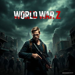 A gripping teaser poster for 'World War Z 2', featuring Brad Pitt in a gritty, survivalist outfit, standing amidst a chaotic urban landscape overrun by zombies