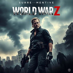 A gripping teaser poster for 'World War Z 2', featuring Brad Pitt in a gritty, survivalist outfit, standing amidst a chaotic urban landscape overrun by zombies