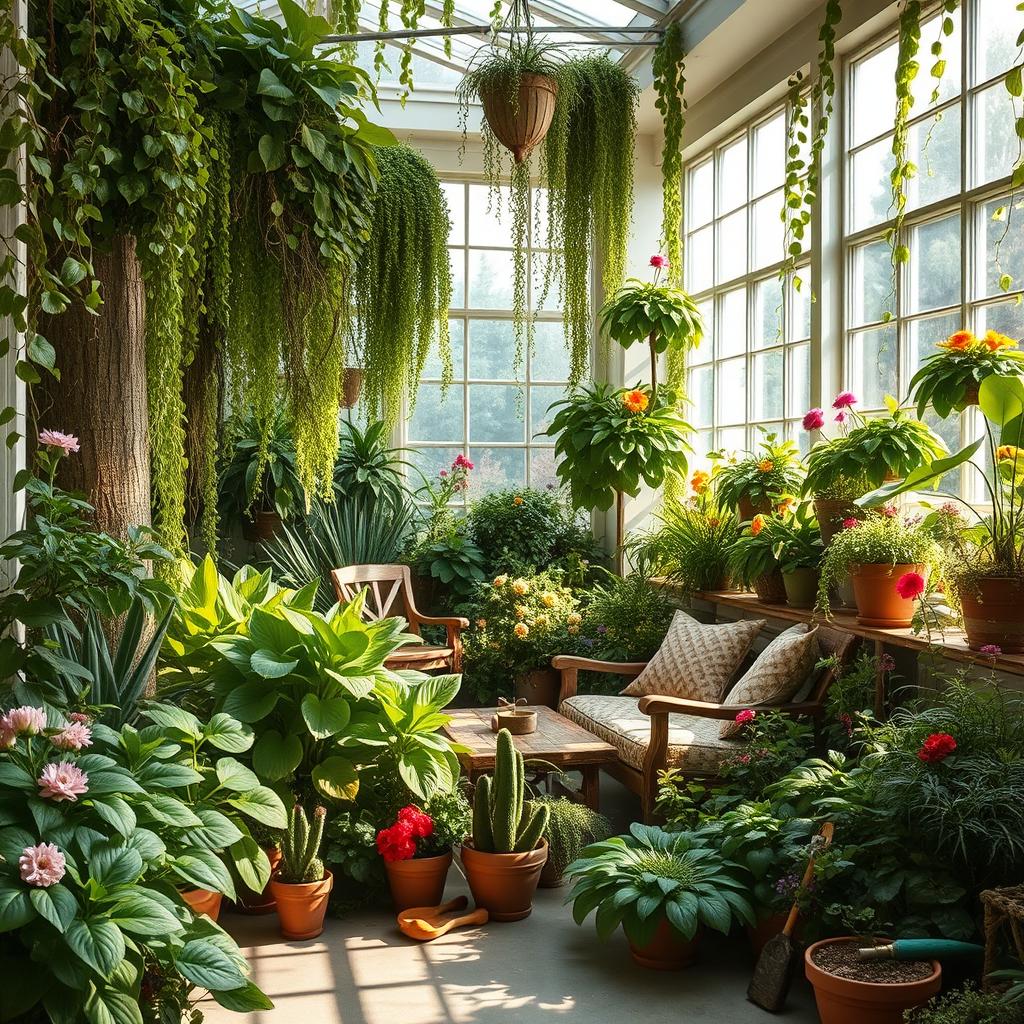 A tranquil indoor garden filled with a variety of lush green plants, cascading vines, and colorful flowers