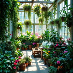 A tranquil indoor garden filled with a variety of lush green plants, cascading vines, and colorful flowers