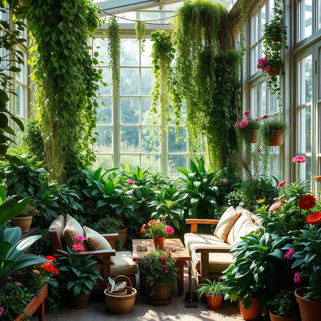 A tranquil indoor garden filled with a variety of lush green plants, cascading vines, and colorful flowers