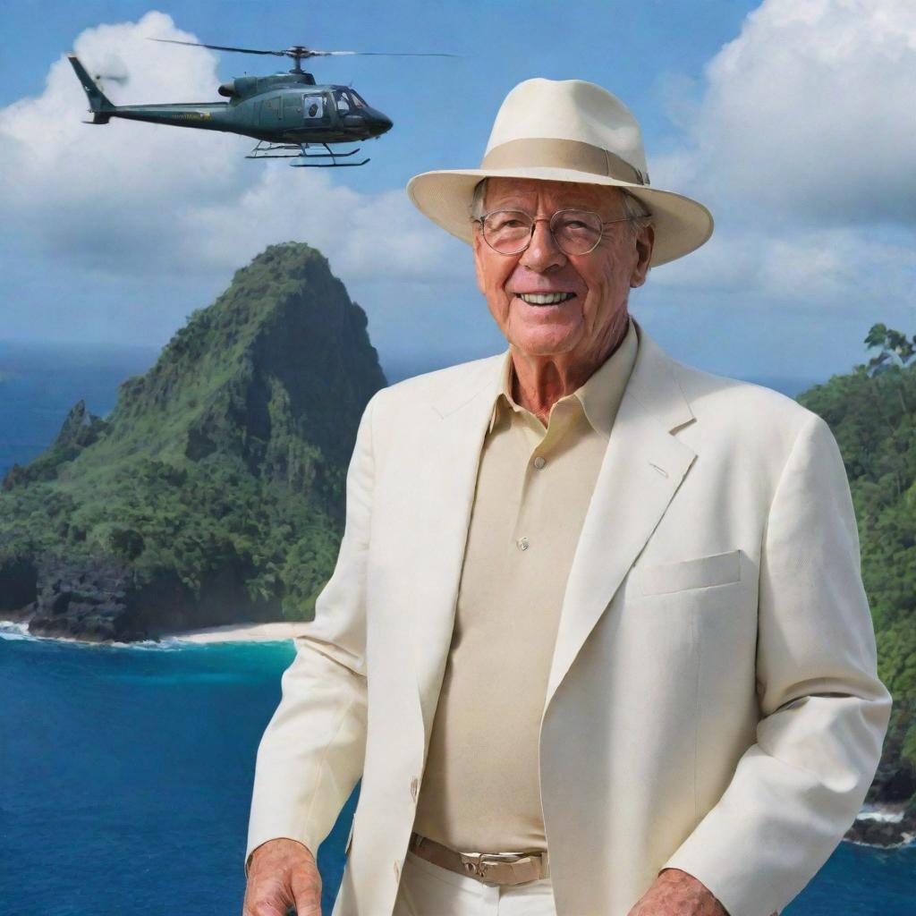 Modify the image of Isla Nublar to include a rich man named John Hammond, identifiable by his white outfit and hat, flying over the island in a helicopter.