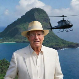 Modify the image of Isla Nublar to include a rich man named John Hammond, identifiable by his white outfit and hat, flying over the island in a helicopter.