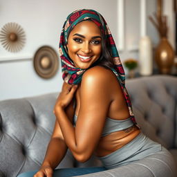 A 30-year-old fit brunette woman wearing a colorful hijab, her very tanned complexion glowing, posed artistically on a stylish grey sofa