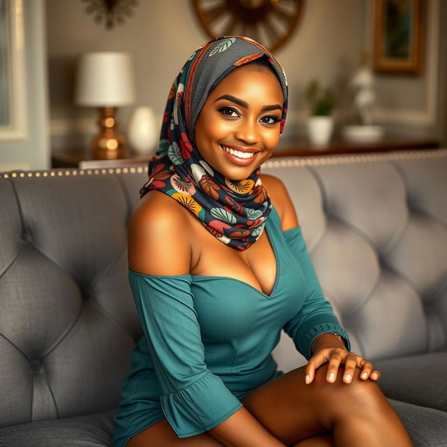 A 30-year-old fit brunette woman wearing a colorful hijab, her very tanned complexion glowing, posed artistically on a stylish grey sofa