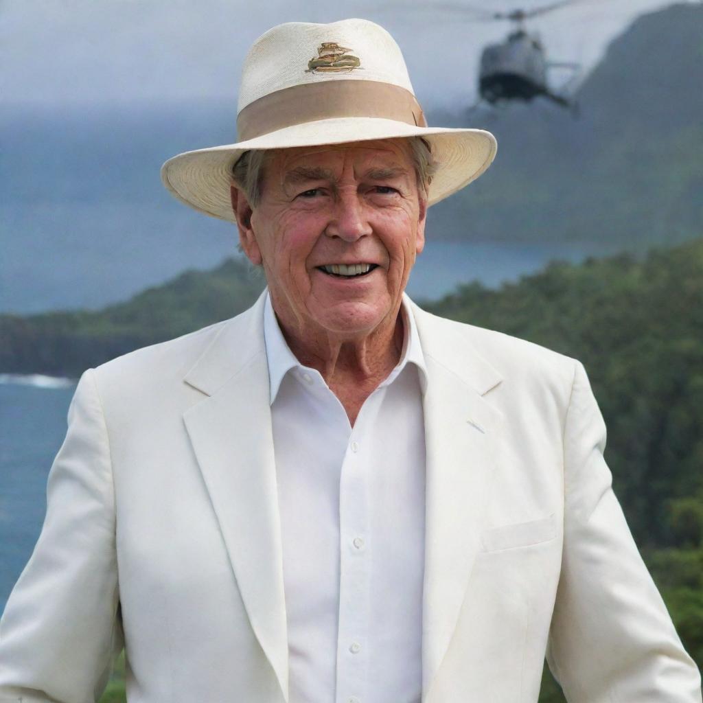 Modify the image of Isla Nublar to include a rich man named John Hammond, identifiable by his white outfit and hat, flying over the island in a helicopter.