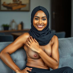A 30-year-old fit woman wearing a hijab, showcasing a very tanned complexion, artistically posed on a modern grey sofa