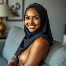 A 30-year-old fit woman wearing a hijab, showcasing a very tanned complexion, artistically posed on a modern grey sofa