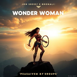 An eye-catching teaser poster for 'Wonder Woman 3 (2025)', featuring Gal Gadot as Wonder Woman in a powerful stance atop a dramatic cliff, overlooking a sprawling, enchanted landscape