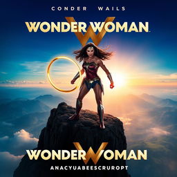 An eye-catching teaser poster for 'Wonder Woman 3 (2025)', featuring Gal Gadot as Wonder Woman in a powerful stance atop a dramatic cliff, overlooking a sprawling, enchanted landscape