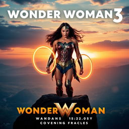 An eye-catching teaser poster for 'Wonder Woman 3 (2025)', featuring Gal Gadot as Wonder Woman in a powerful stance atop a dramatic cliff, overlooking a sprawling, enchanted landscape