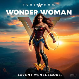 An eye-catching teaser poster for 'Wonder Woman 3 (2025)', featuring Gal Gadot as Wonder Woman in a powerful stance atop a dramatic cliff, overlooking a sprawling, enchanted landscape