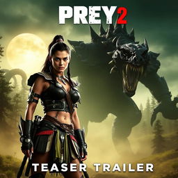 A striking movie poster for 'Prey 2 (2025) - Teaser Trailer' featuring Amber Midthunder in a powerful and fierce stance