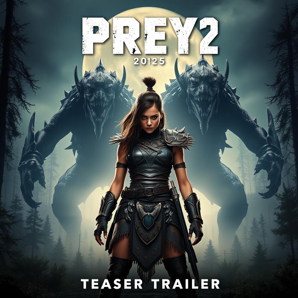 A striking movie poster for 'Prey 2 (2025) - Teaser Trailer' featuring Amber Midthunder in a powerful and fierce stance