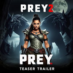 A striking movie poster for 'Prey 2 (2025) - Teaser Trailer' featuring Amber Midthunder in a powerful and fierce stance