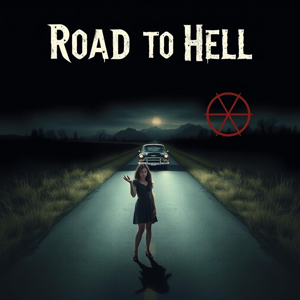 A chilling book cover design for a horror novel titled 'Road to Hell'