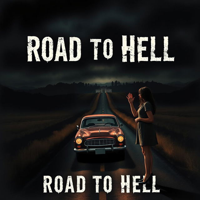 A chilling book cover design for a horror novel titled 'Road to Hell'