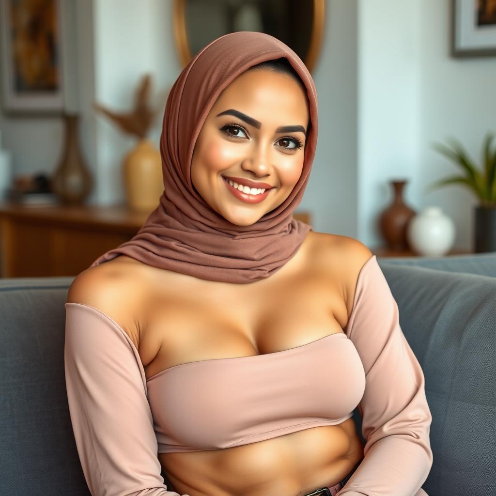 A 30-year-old fit woman wearing a hijab, showcasing a healthy and radiant complexion, posing artistically on a modern grey sofa