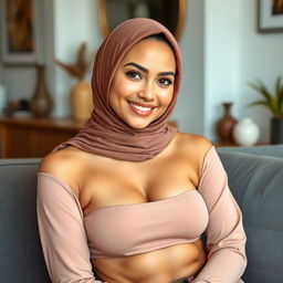 A 30-year-old fit woman wearing a hijab, showcasing a healthy and radiant complexion, posing artistically on a modern grey sofa