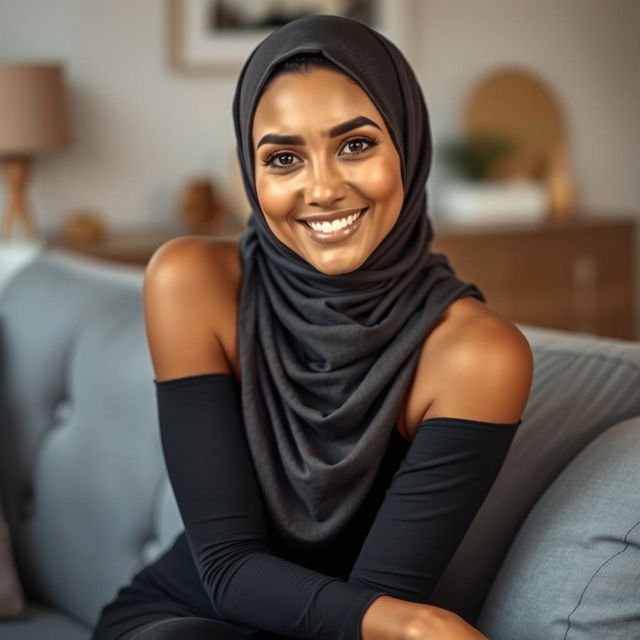 A 30-year-old fit woman wearing a hijab, showcasing a healthy and radiant complexion, posing artistically on a modern grey sofa