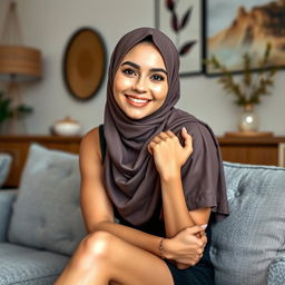 A 30-year-old fit woman wearing a hijab, showcasing a healthy and radiant complexion, posing artistically on a modern grey sofa