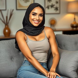 A 30-year-old fit woman wearing a hijab, showcasing a healthy and radiant complexion, posing artistically on a modern grey sofa
