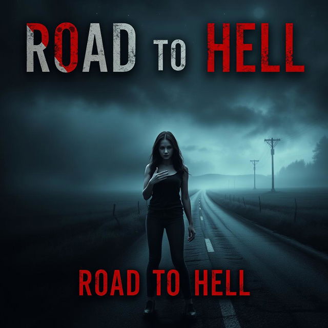 A haunting book cover design for a horror novel titled 'Road to Hell'