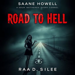 A haunting book cover design for a horror novel titled 'Road to Hell'