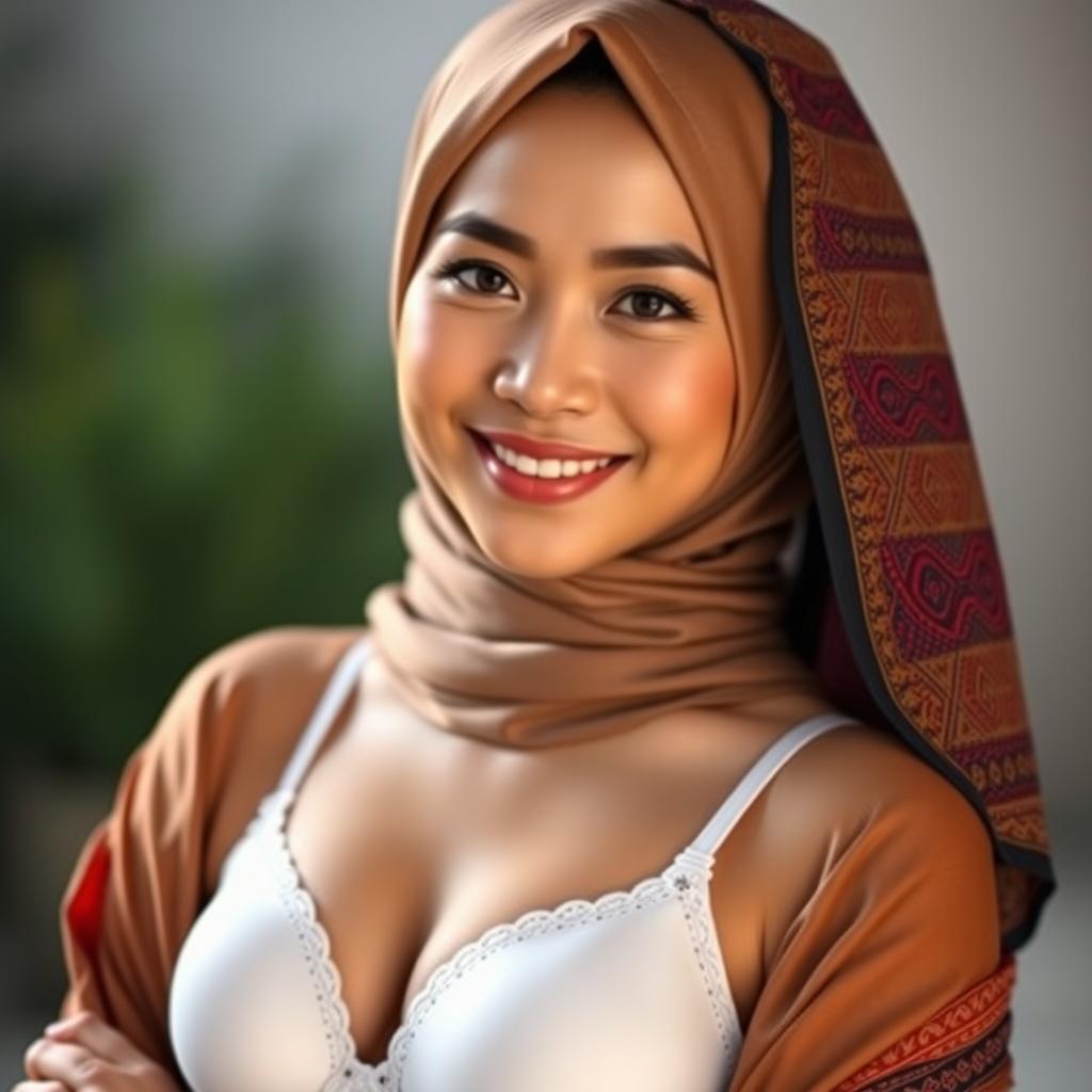 An elegant Indonesian woman wearing a stylish hijab in a vibrant and intricate design, showcasing her cultural heritage