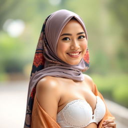 An elegant Indonesian woman wearing a stylish hijab in a vibrant and intricate design, showcasing her cultural heritage