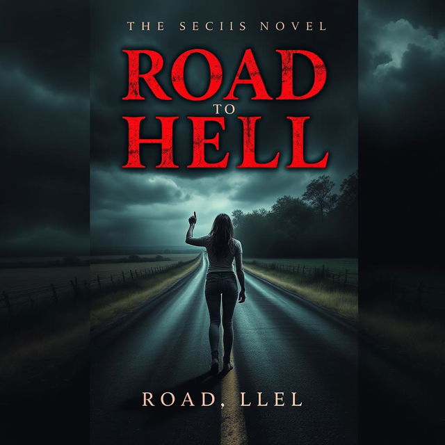 A haunting book cover design for a horror novel titled 'Road to Hell'