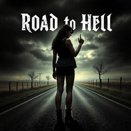 A haunting book cover design for a horror novel titled 'Road to Hell'