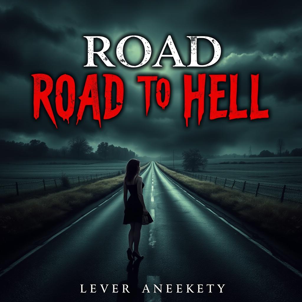 A haunting book cover design for a horror novel titled 'Road to Hell'