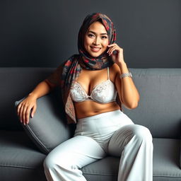 An elegant Indonesian woman wearing a stylish hijab in a vibrant and intricate design, featuring a warm smile and an alluring pose