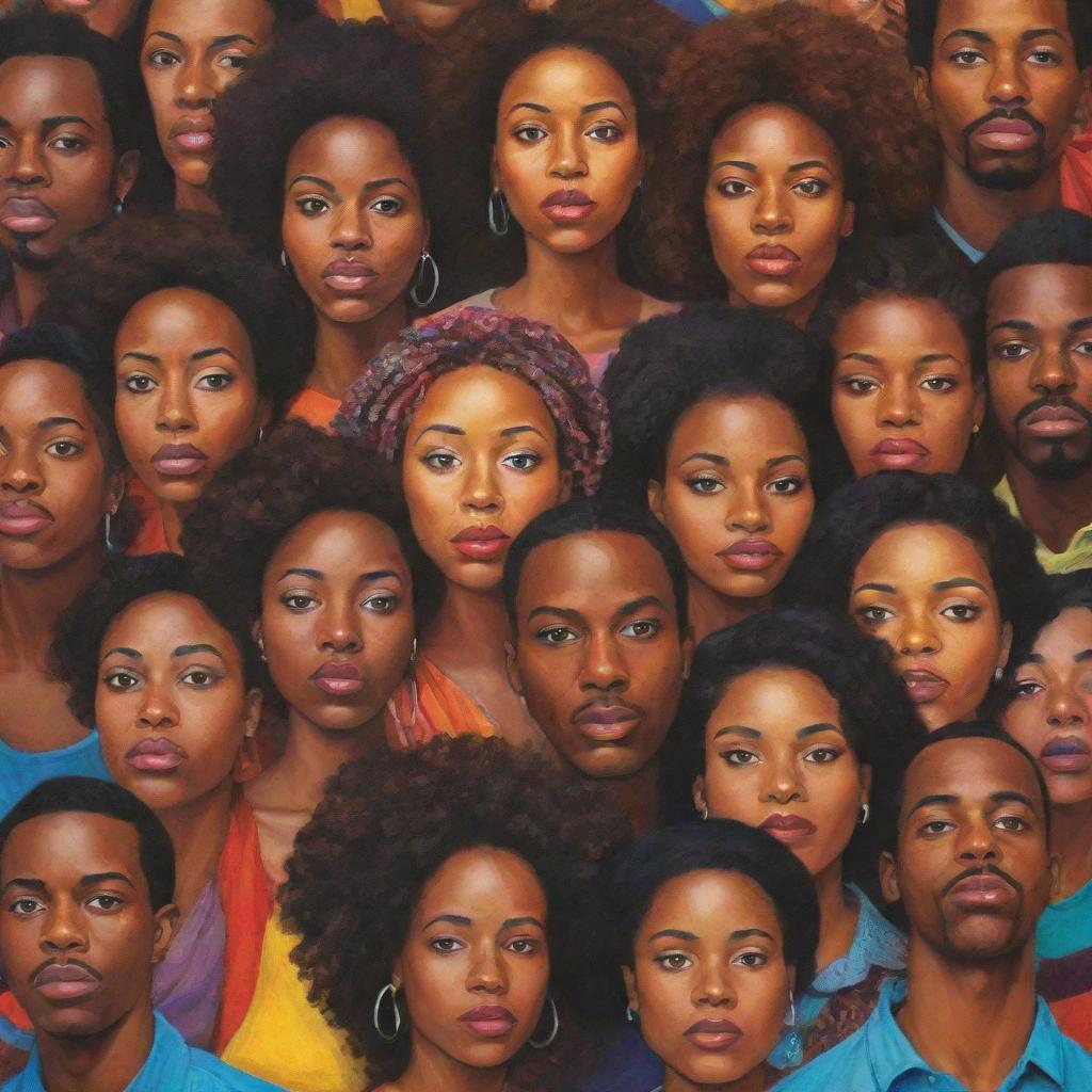 Illustrate an image of a crowd of African Americans looking to the side. Their collective gaze creates vivid dynamism, each face uniquely expressive. The crowd is colorful and vibrant, indicating a shared sense of purpose and unity.