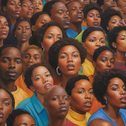 Illustrate an image of a crowd of African Americans looking to the side. Their collective gaze creates vivid dynamism, each face uniquely expressive. The crowd is colorful and vibrant, indicating a shared sense of purpose and unity.