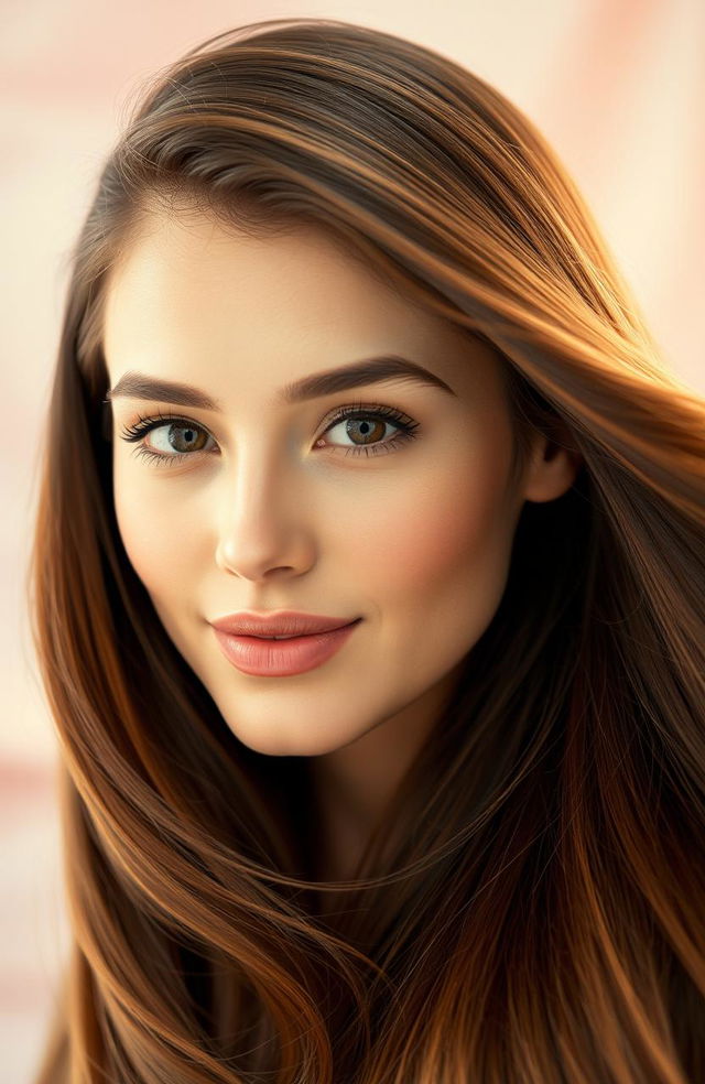 A stunning close-up portrait of a woman with long, flowing hair that elegantly cascades down her shoulders