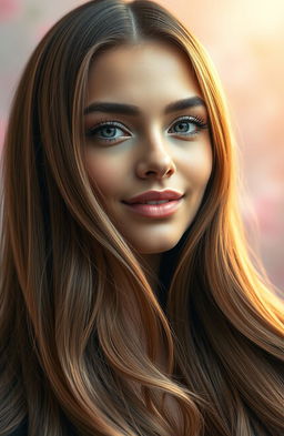 A stunning close-up portrait of a woman with long, flowing hair that elegantly cascades down her shoulders