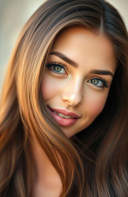 A stunning close-up portrait of a woman with long, flowing hair that elegantly cascades down her shoulders