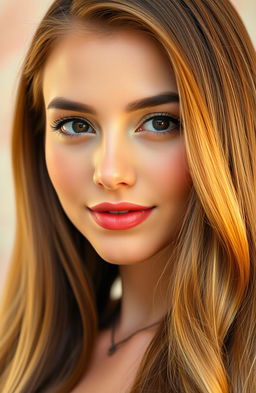 A stunning close-up portrait of a woman with long, flowing hair that elegantly cascades down her shoulders