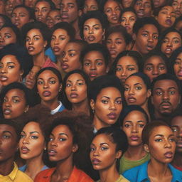 Illustrate an image of a crowd of African Americans looking to the side. Their collective gaze creates vivid dynamism, each face uniquely expressive. The crowd is colorful and vibrant, indicating a shared sense of purpose and unity.